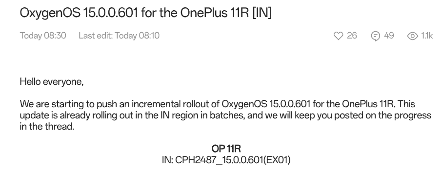 OxygenOS 15.0.0.601 for the OnePlus 11R [IN]