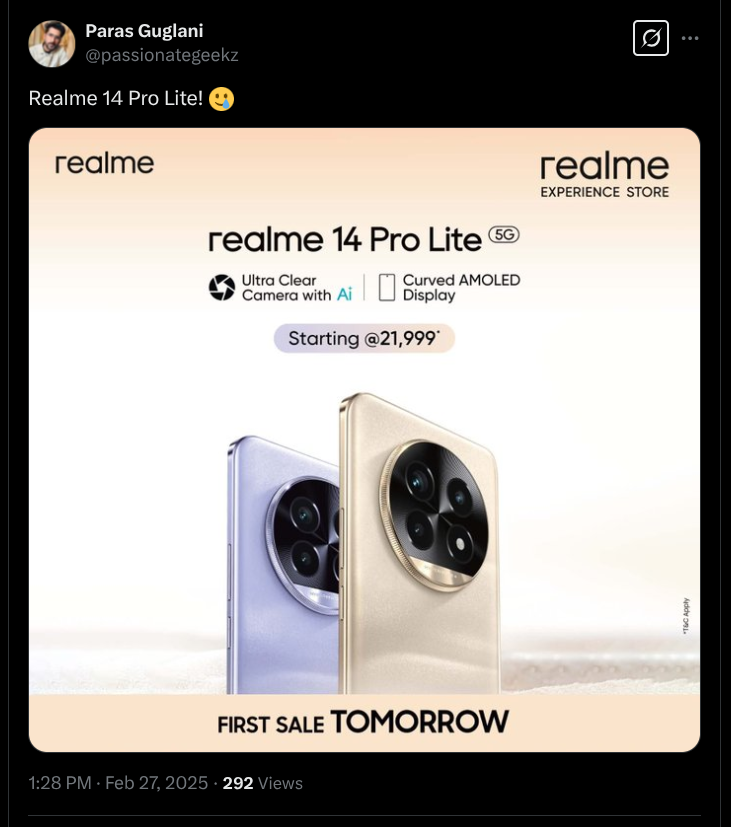 Realme 14 Pro Lite 5G - Starting Price and First Sale - X Post