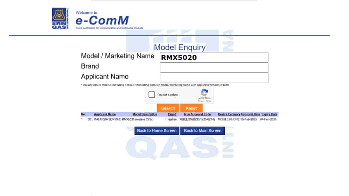 Realme C75x - SIRIM Certification