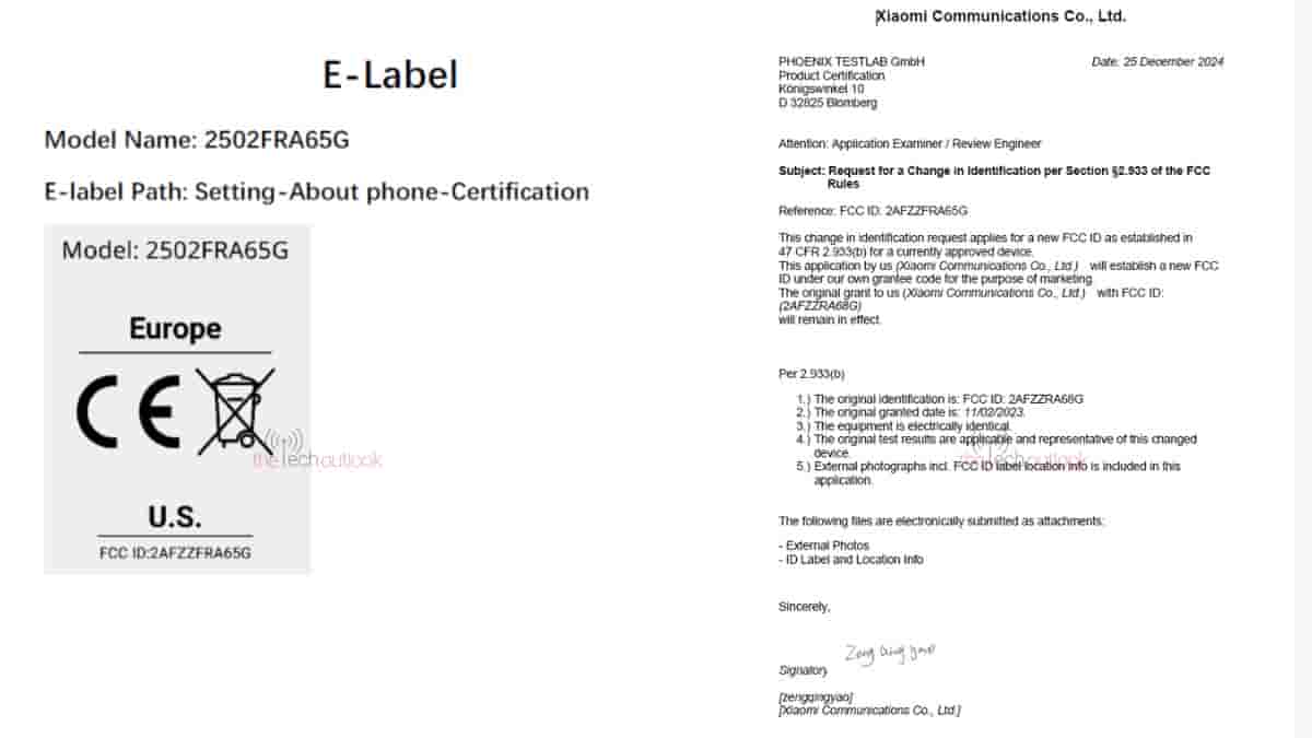 Redmi Note 14S - FCC Certification