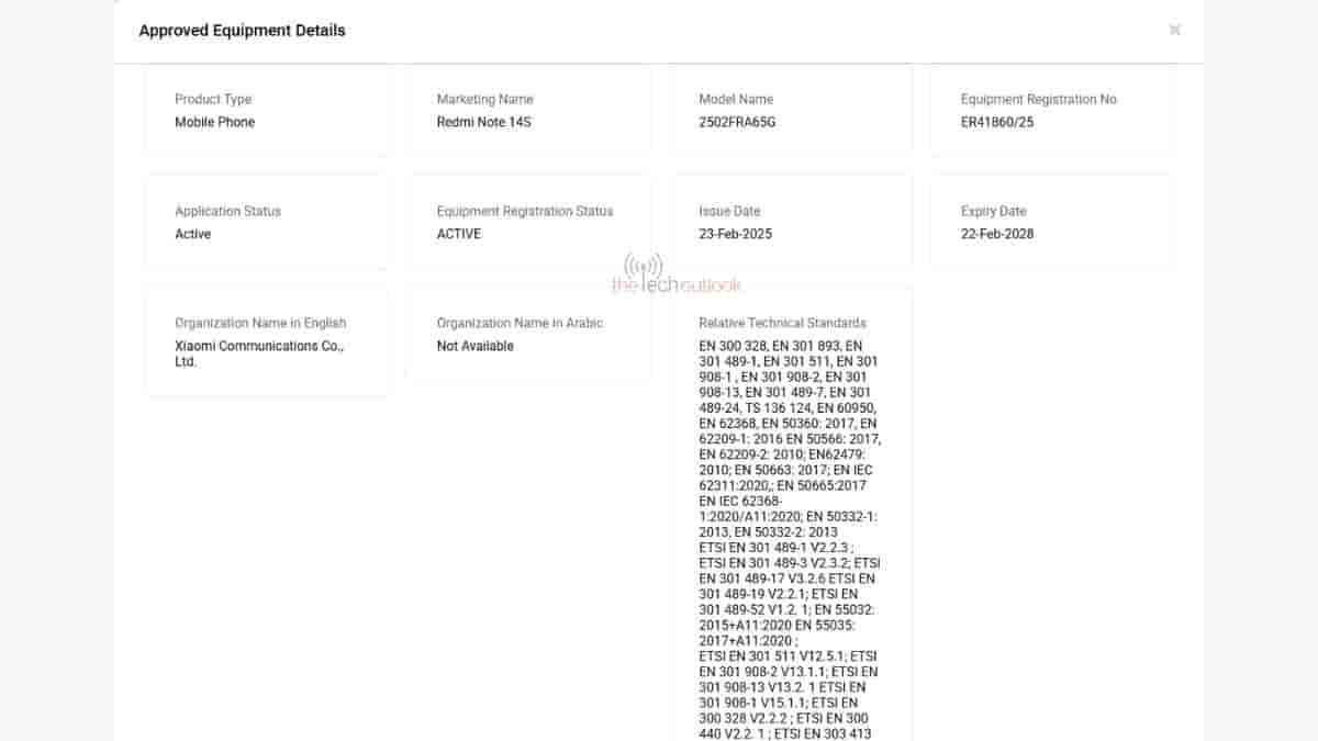 Redmi Note 14s spotted on TDRA