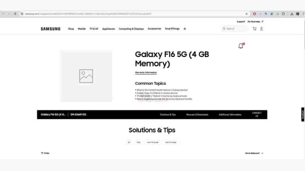 Samsung Galaxy F16 5G India Support Page Shows 4GB RAM