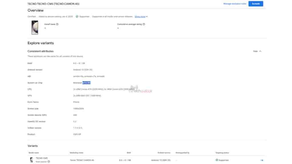 Tecno Camon 40 4G - Google Play Console Listing