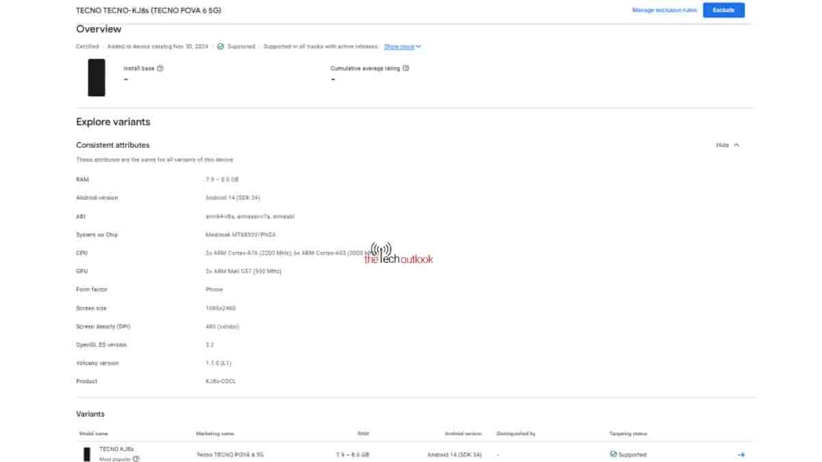 Tecno Pova 6 5G spotted on Google Play Console
