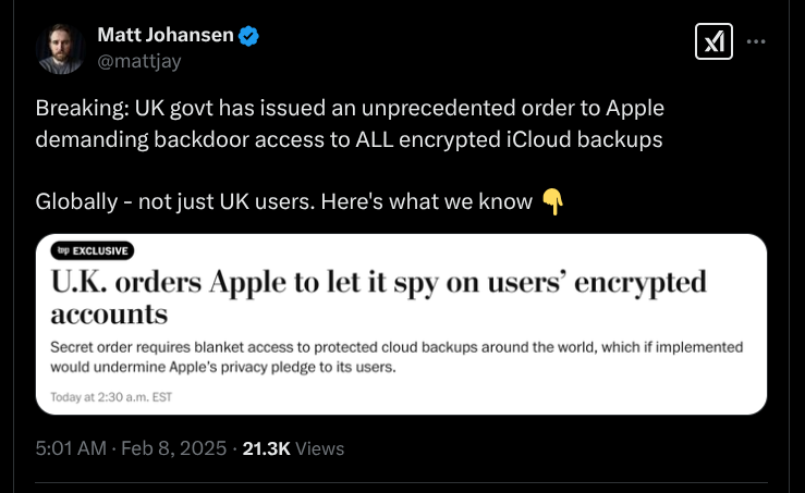 UK Government Reportedly Demands Backdoor Access to Apple's Encrypted iCloud Backups - X Update
