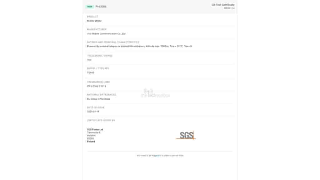 Vivo V50 Lite 5G (V2440) - SGS Certification