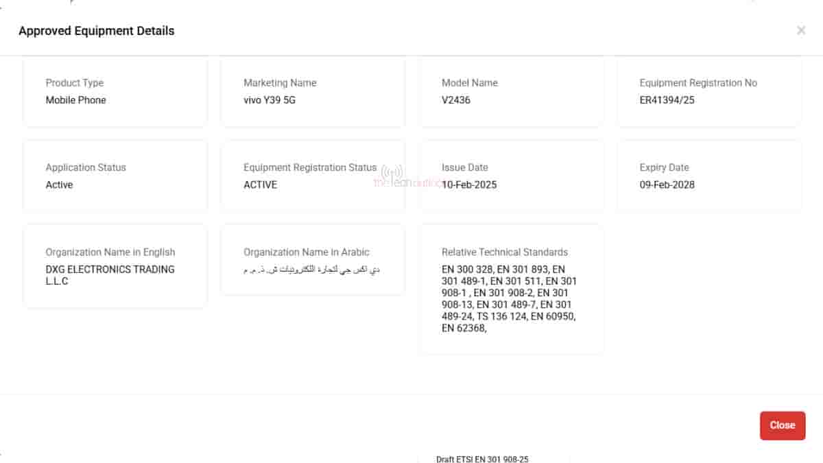 Vivo Y39 5G spotted on TDRA