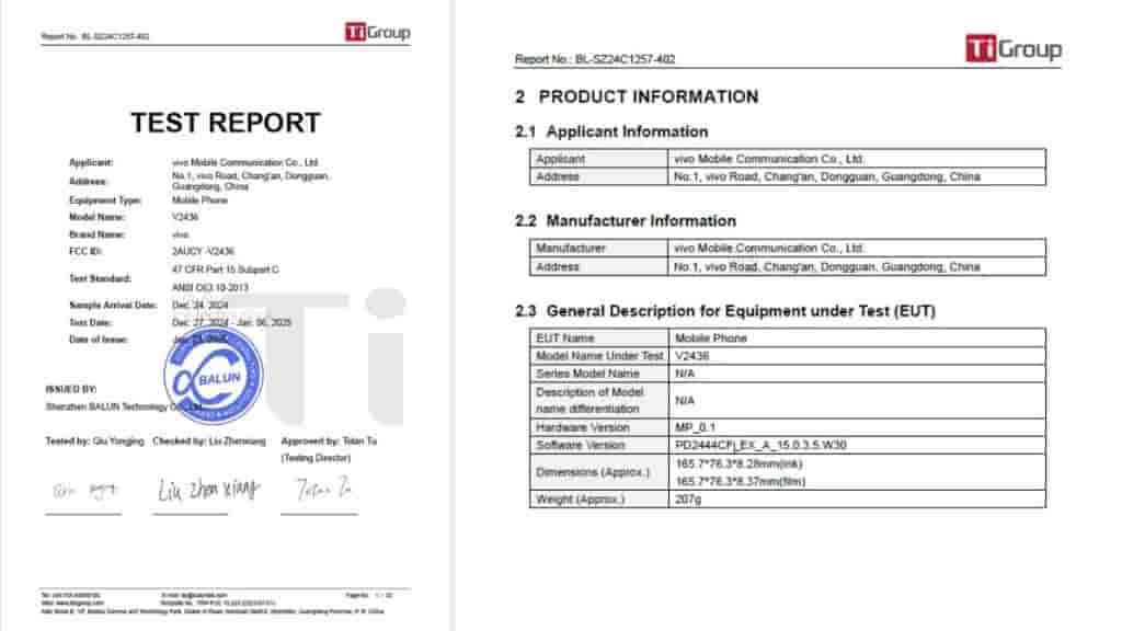 Vivo 'V2436' - FCC Certification (1)