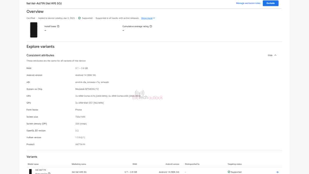 itel a95 spotted on Google Play Console