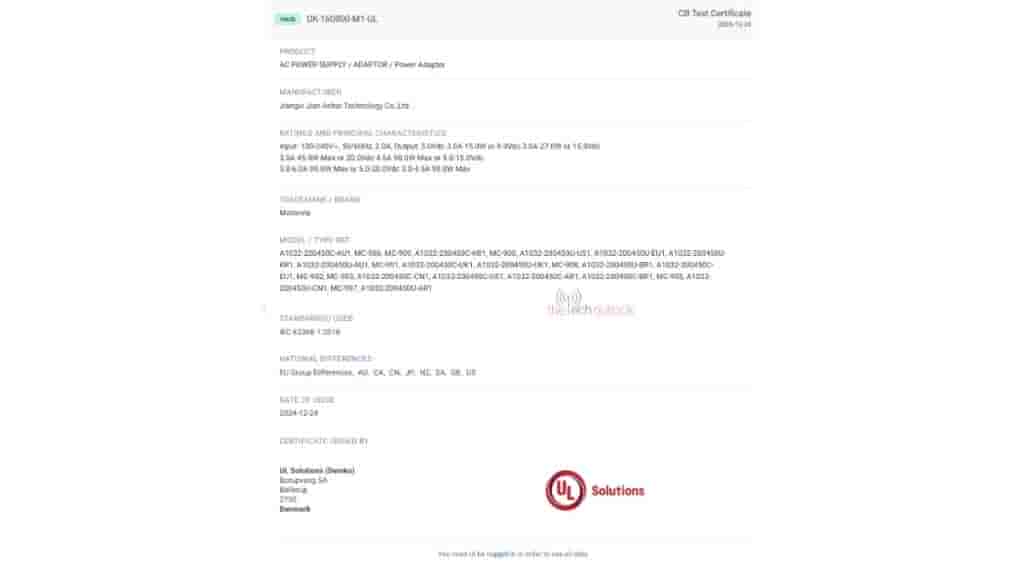 Alleged Motorola Edge 60 - Charging Adapters on UL Solutions