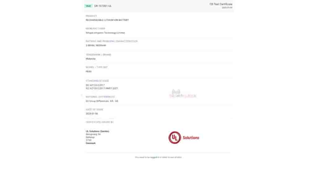 Alleged Motorola Edge 60 - Battery on UL Solutions
