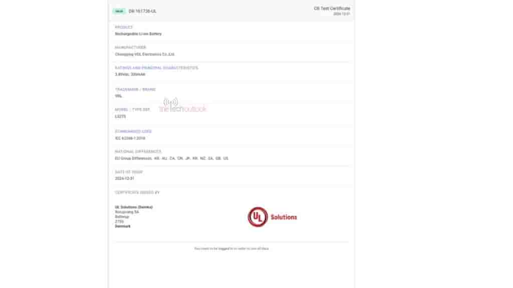 The battery model number shown in FCC is 'L3275' and upon checking UL Demko, it is revealed to pack 300 mAh battery capacity.