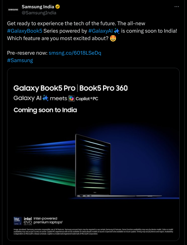 Galaxy Book 5 Series With Galaxy AI India Launch Teased - X Post