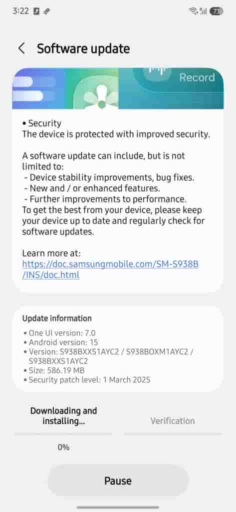Galaxy S25 Series - March 2025 Android Security Patch Update in India - Image