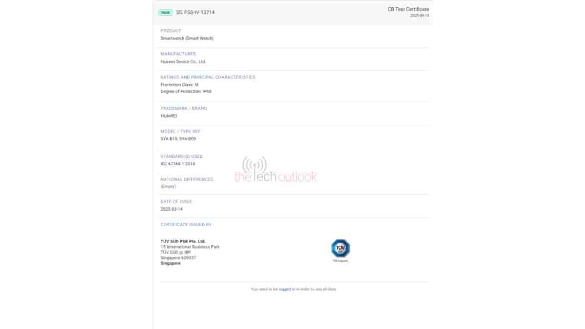 Huawei Watch Fit 4 - TUV SUD Certification
