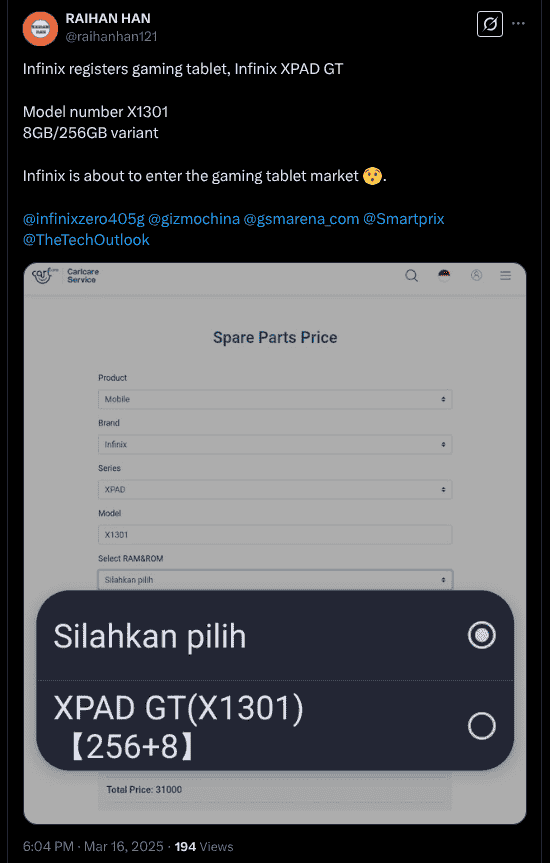 Infinix XPAD GT - Registered