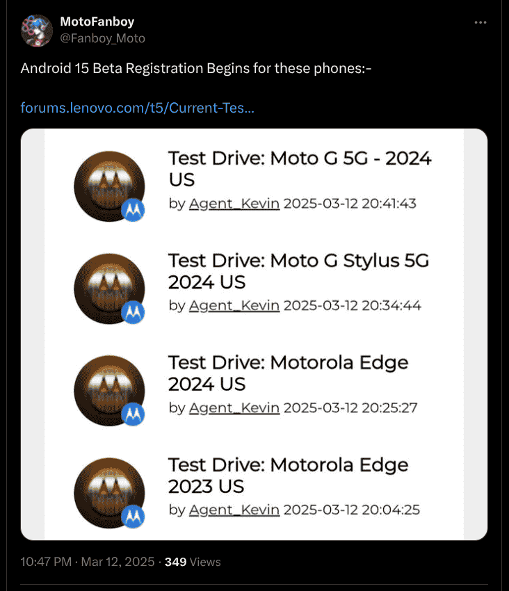 Motorola Devices - Android 15 Beta Registration - X Post