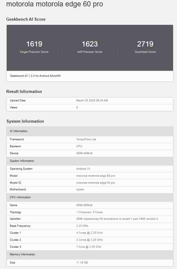 Motorola Edge 60 Pro - Geekbench AI Listing