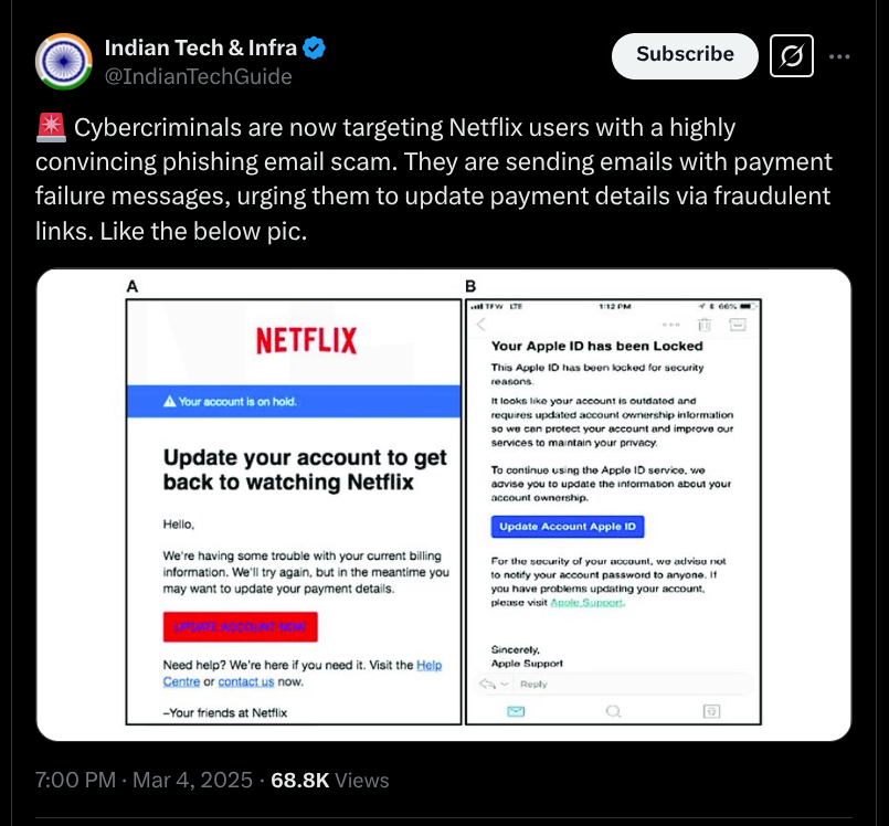 Netflix Phishing Email Scam by Cyber Criminals - X Post