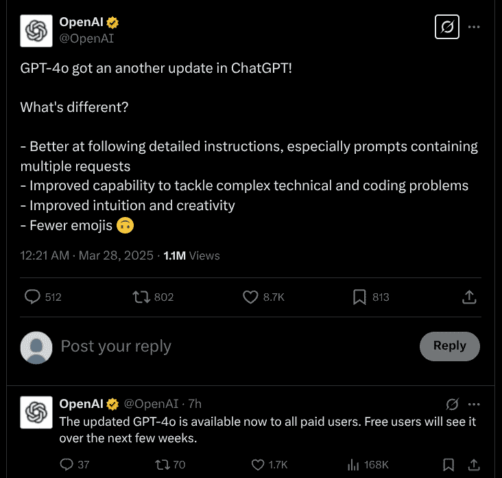 OpenAI X Update - GPT-4o Update