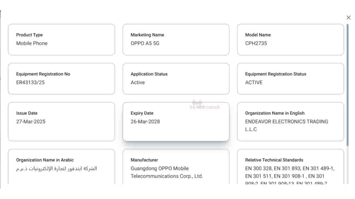 OPPO A5 5G (Global Variant) - TDRA Certification