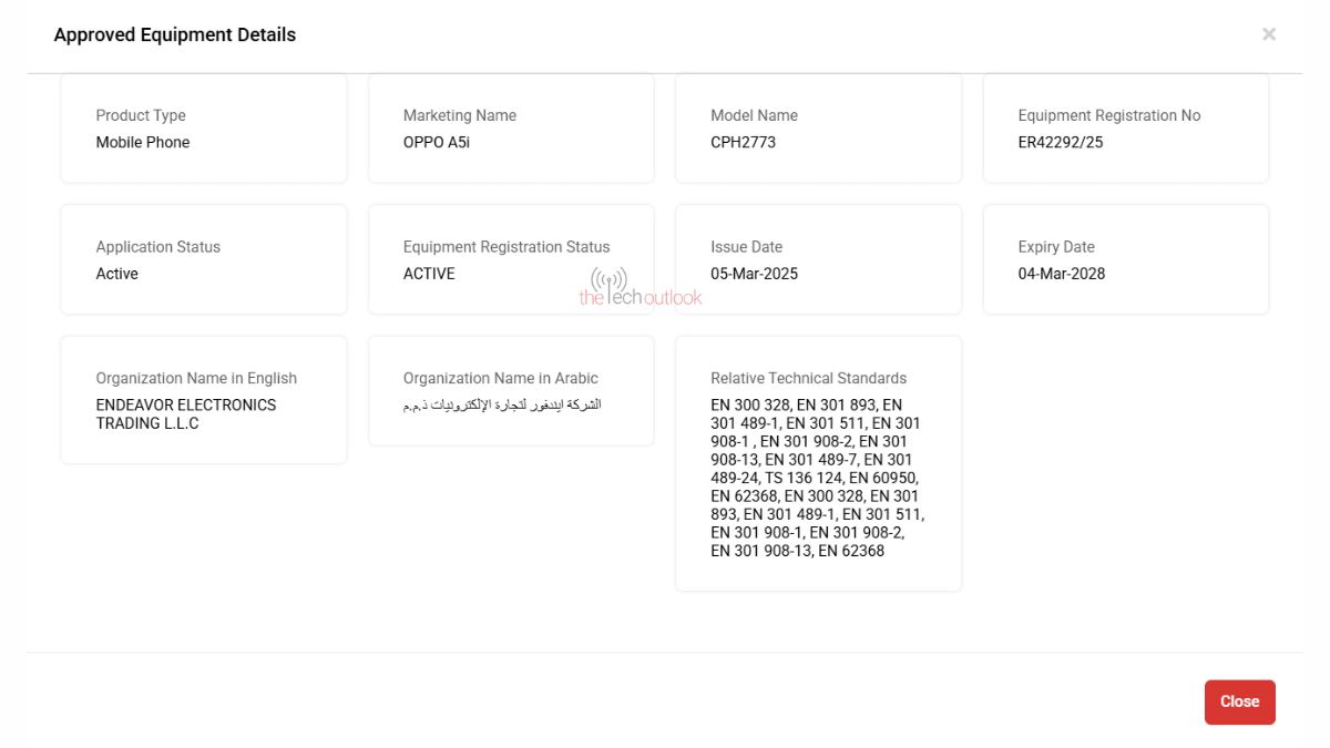 OPPO A5i Spotted on TDRA