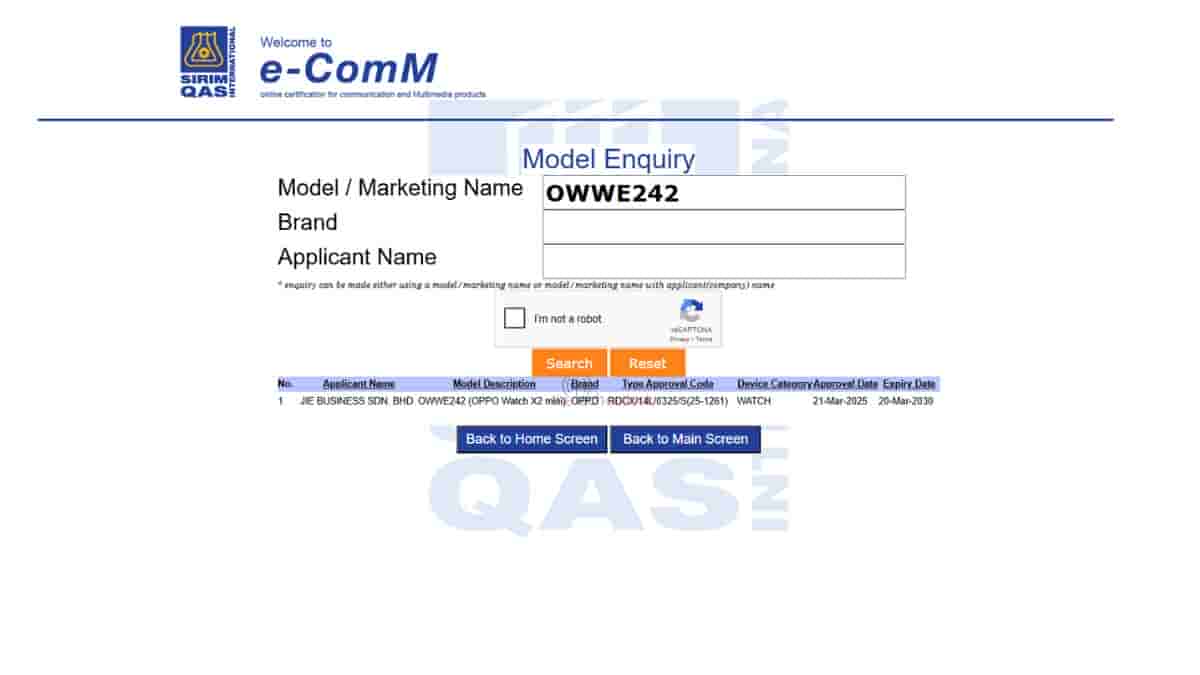 OPPO Watch X2 Mini - SIRIM Certification