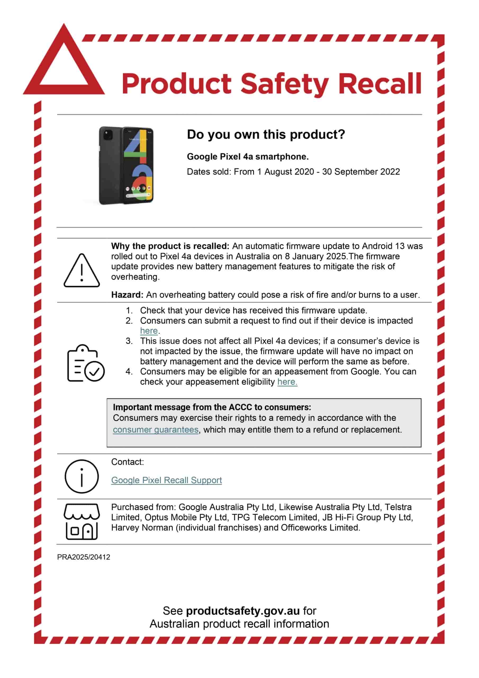 Google Pixel 4a - Recall Notice in Australia