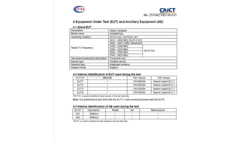 Redmi Pad 2 WiFi-Only Model (25040RP0AL) - FCC Certification (1)