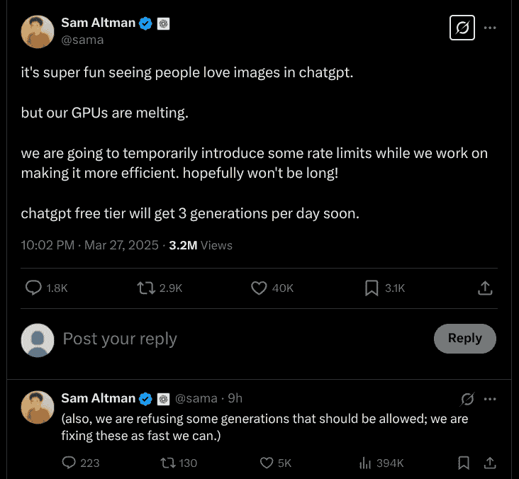 Sam Altman X Update - Rate Limits for Images on ChatGPT