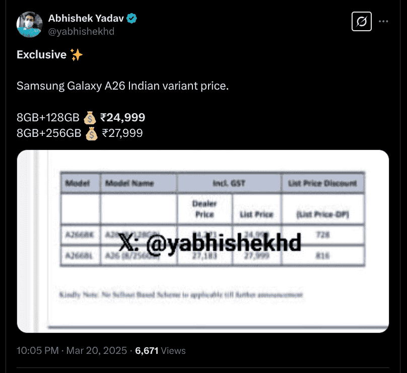Samsung Galaxy A26 - Indian Pricing - X Post
