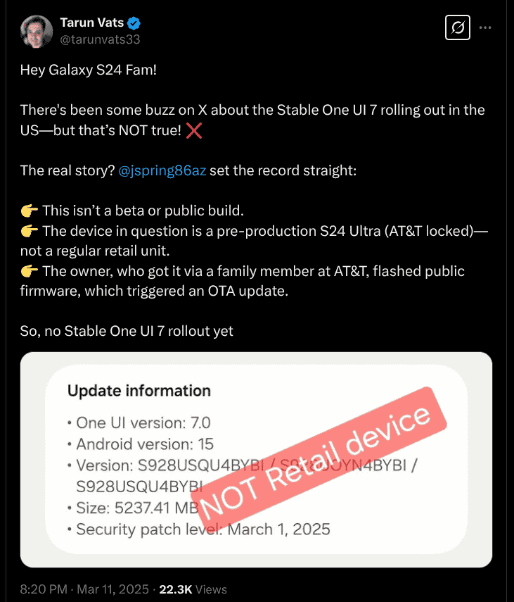 Samsung Galaxy S24 Series - Stable One UI 7 Not Rolling Out in the US