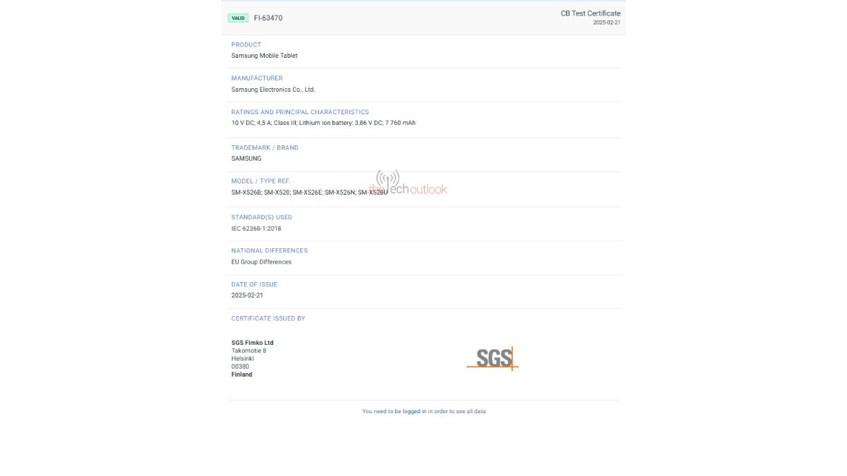 Samsung Galaxy Tab S10 FE Models Spotted on the SGS Certification Platform With 45W Fast Charging Support