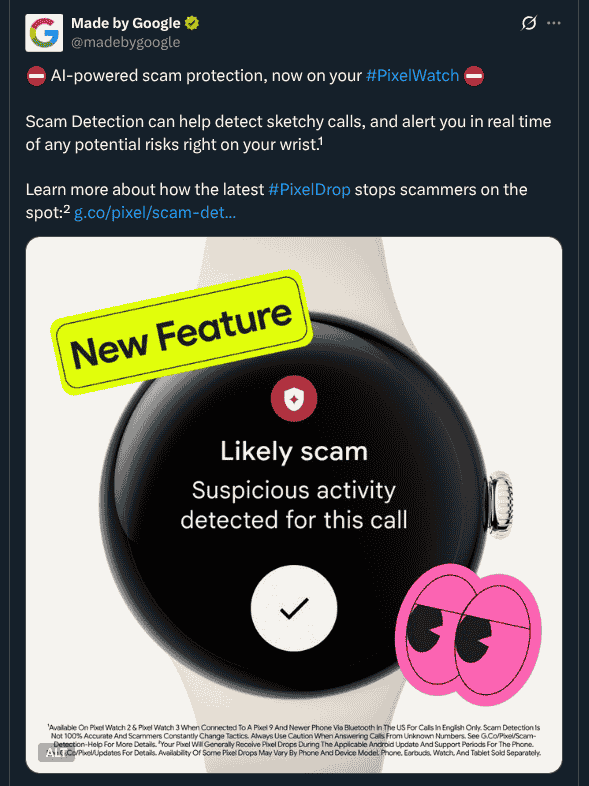 AI-Powered Scam Protection Now on Pixel Watch - X Post