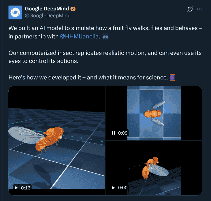 Google DeepMind in Partnership With HHMI Janelia Research Campus Builds an AI Model to Simulate How a Fruit Fly Walks, Flies, and Behaves - X Post