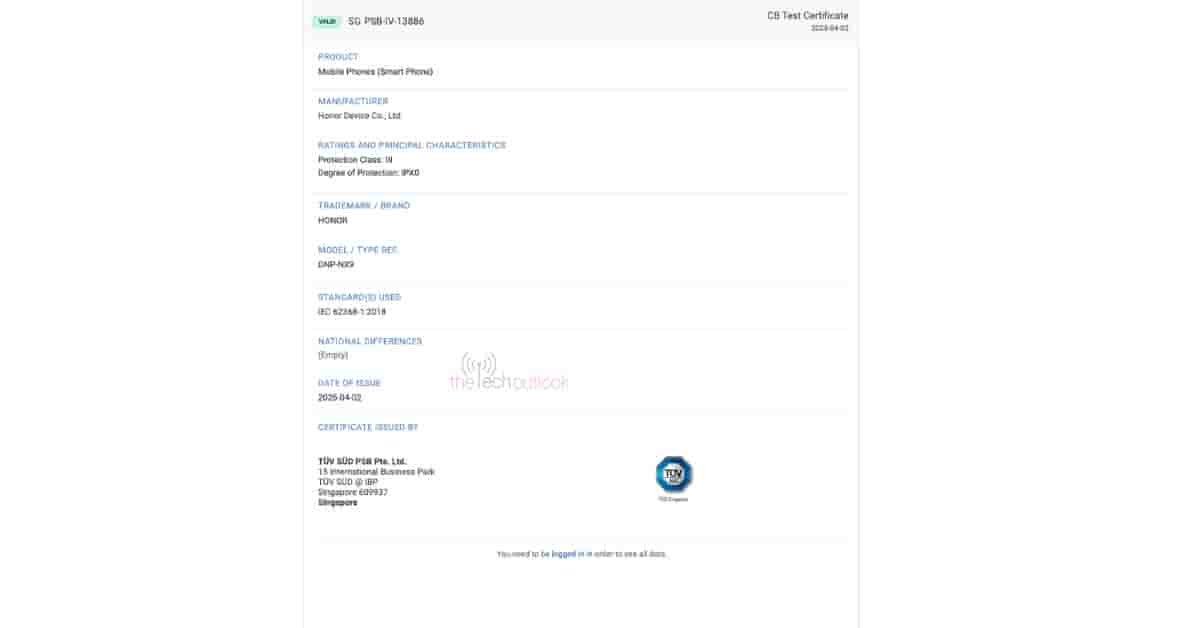 Honor 400 Pro - TUV SUD Certification