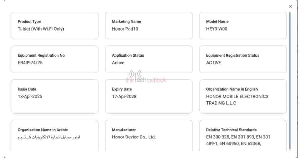 Honor Pad 10 - TDRA Certification