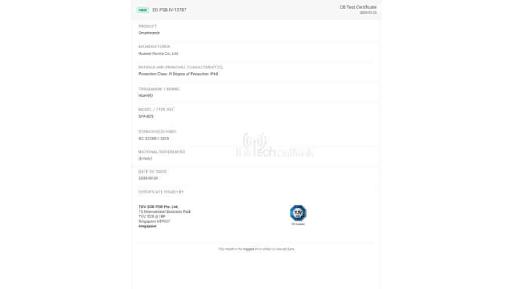 Huawei Watch Fit 4 Pro - TUV SUD Certification