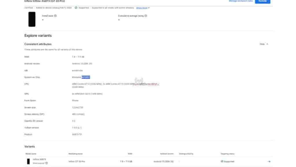 Infinix GT 30 Pro Smartphone Listed on the Google Play Console Database