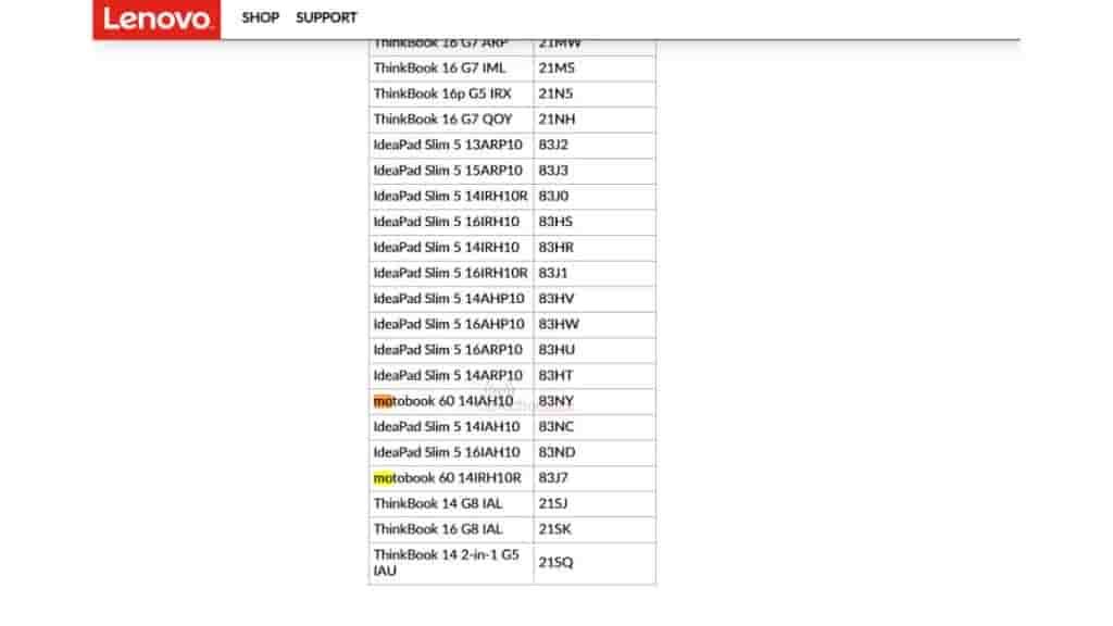 Motobook 60 - Lenovo Supported List