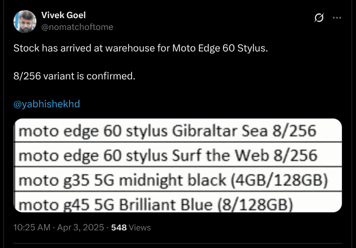 Motorola Edge 60 Stylus - Revealed Storage Option and Color Choices - X Post