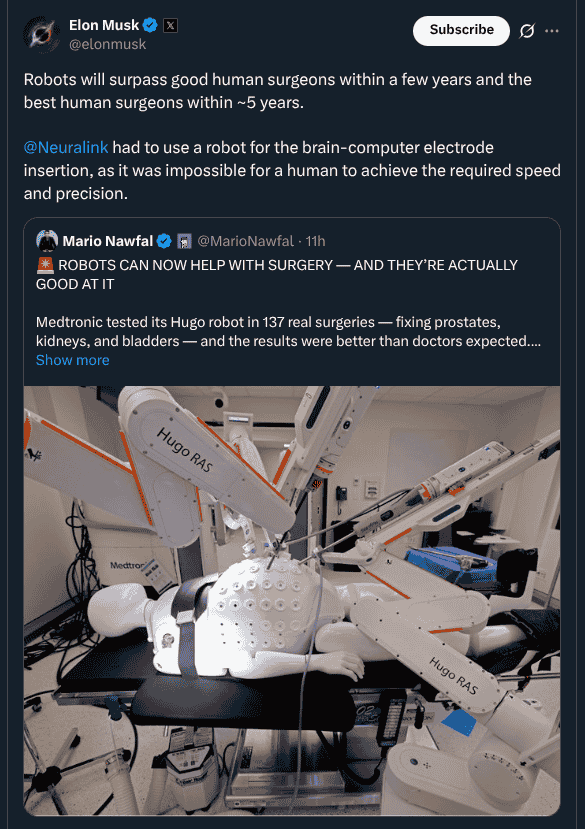 Neuralink Uses Robot for Brain-Computer Electrode Insertion, Robots to Surpass Human Surgeons in a Few Years - X Post