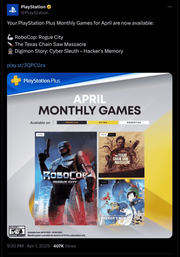 PlayStation Plus Monthly Games for April 2025 Now Available - X Post