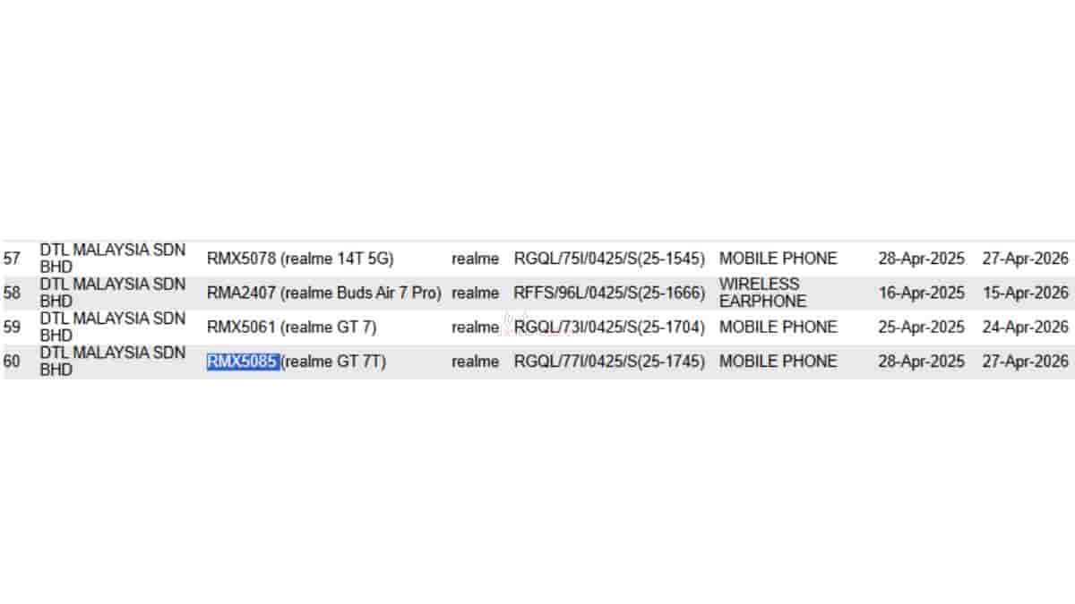 Realme GT7 and GT7T spotted on SIRIM
