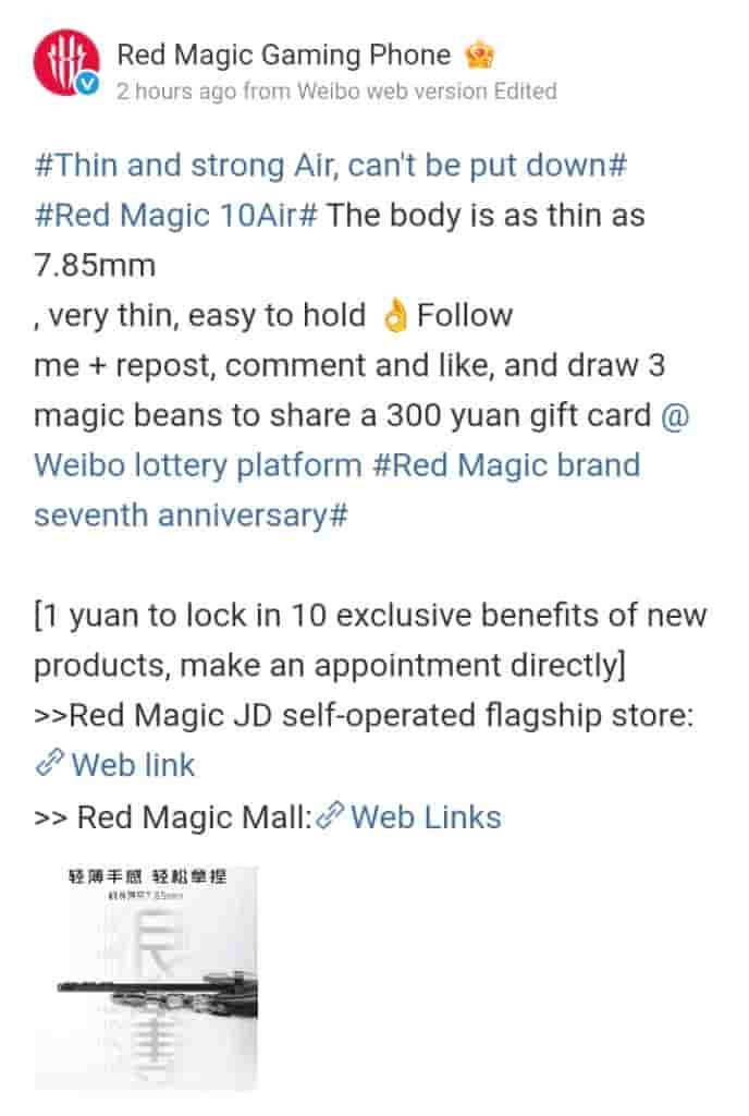 Red Magic 10 Air - Thickness Teased - Weibo Post
