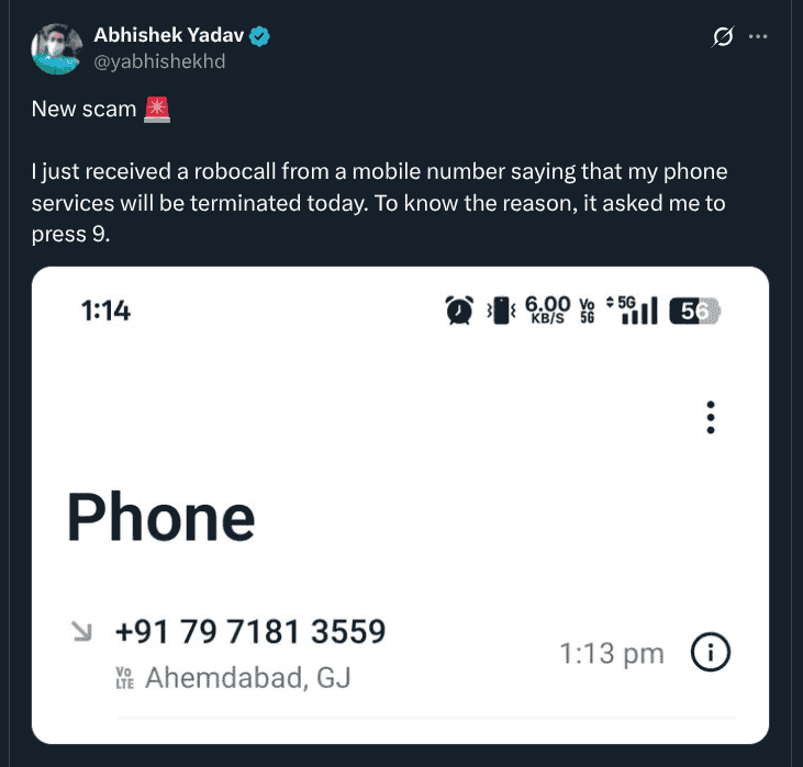 Robocall Scams Continues, But Now With Indian Numbers - X Post