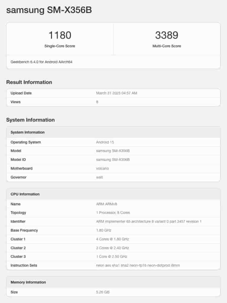 Samsung Galaxy Tab Active 5 Pro (SM-X356B - 5G) - Geekbench Listing (1)
