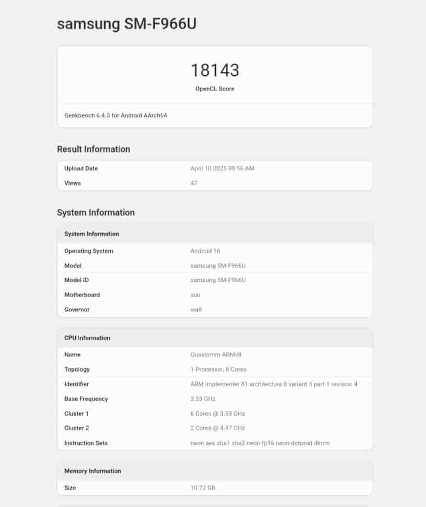 Samsung Galaxy Z Fold 7 - Geekbench Listing