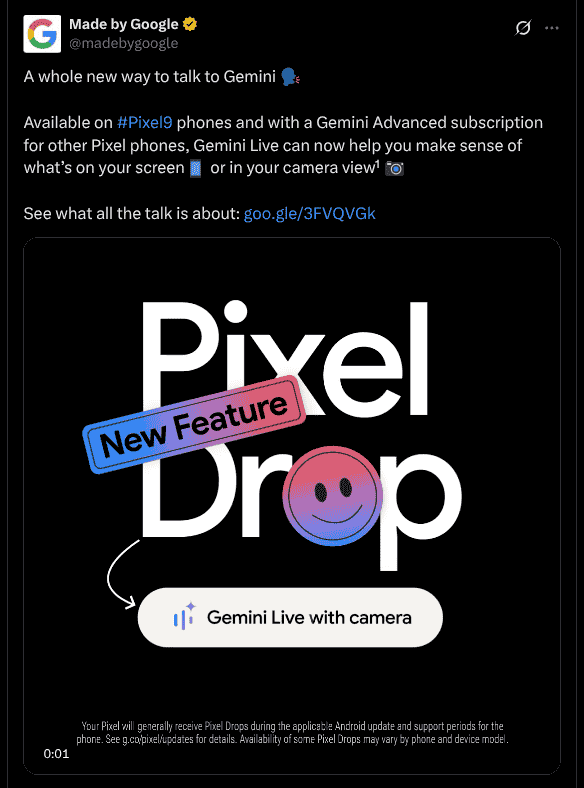 Pixel Drop Introduces Gemini Live - X Post