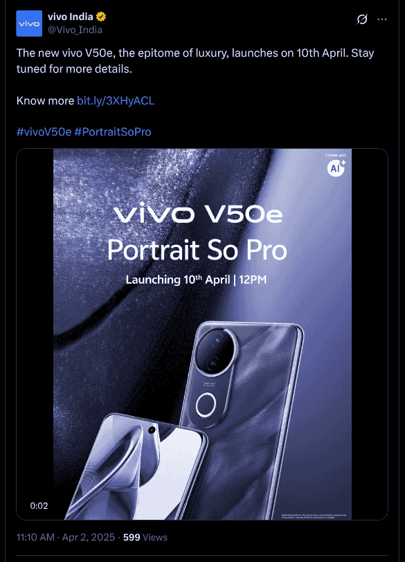 Vivo V50e - Launch Date in India Officially Announced - X Post